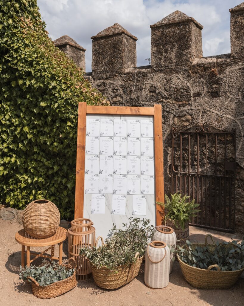 Panel de distribución de mesas para boda con decoración rústica en exterior, rodeado de cestos de mimbre y plantas.